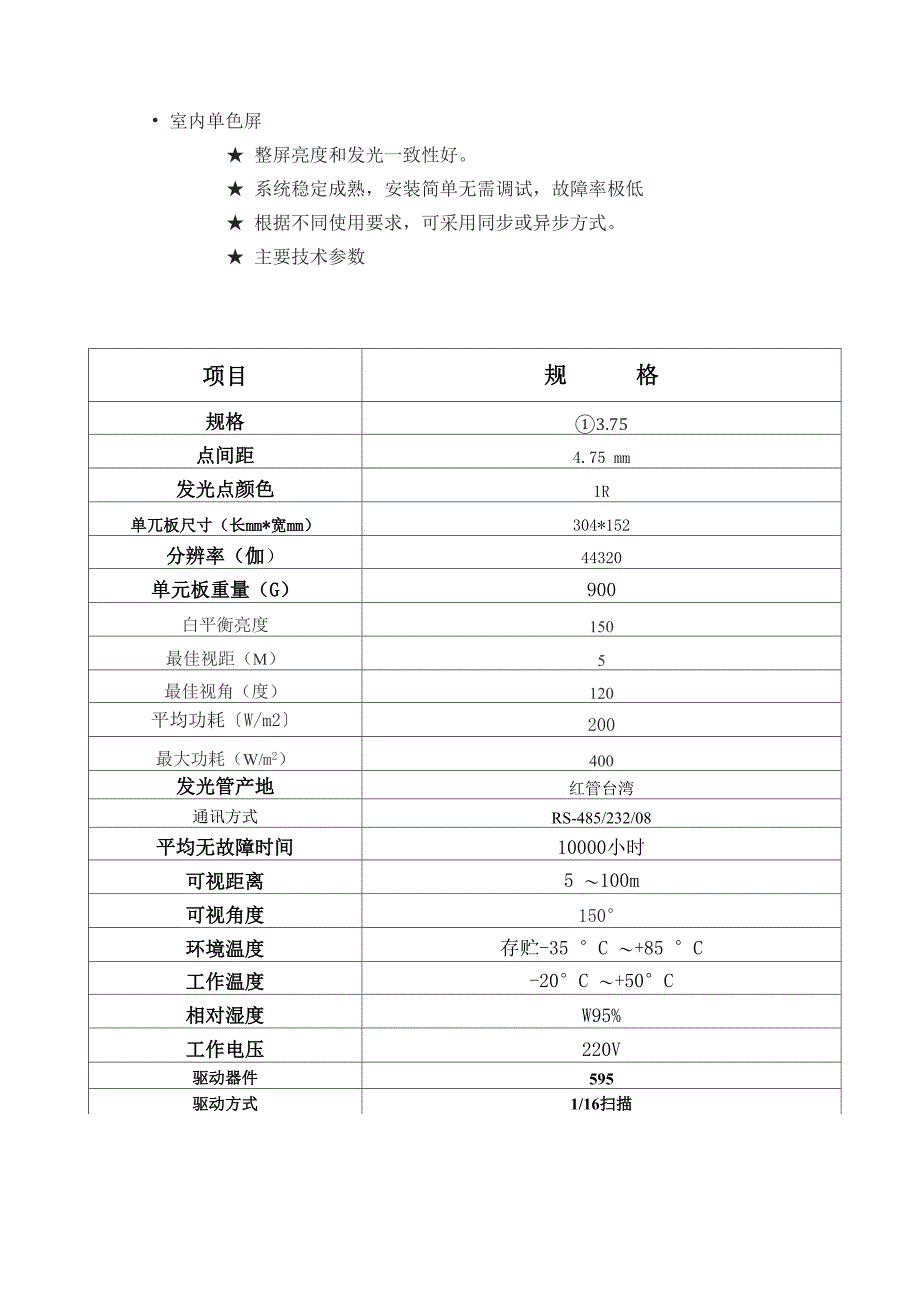 375室内点阵单色显示屏技术参数_第1页