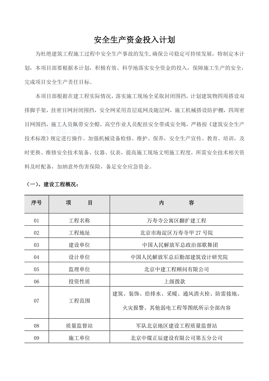 建筑项目部安全生产资金投入计划_第1页