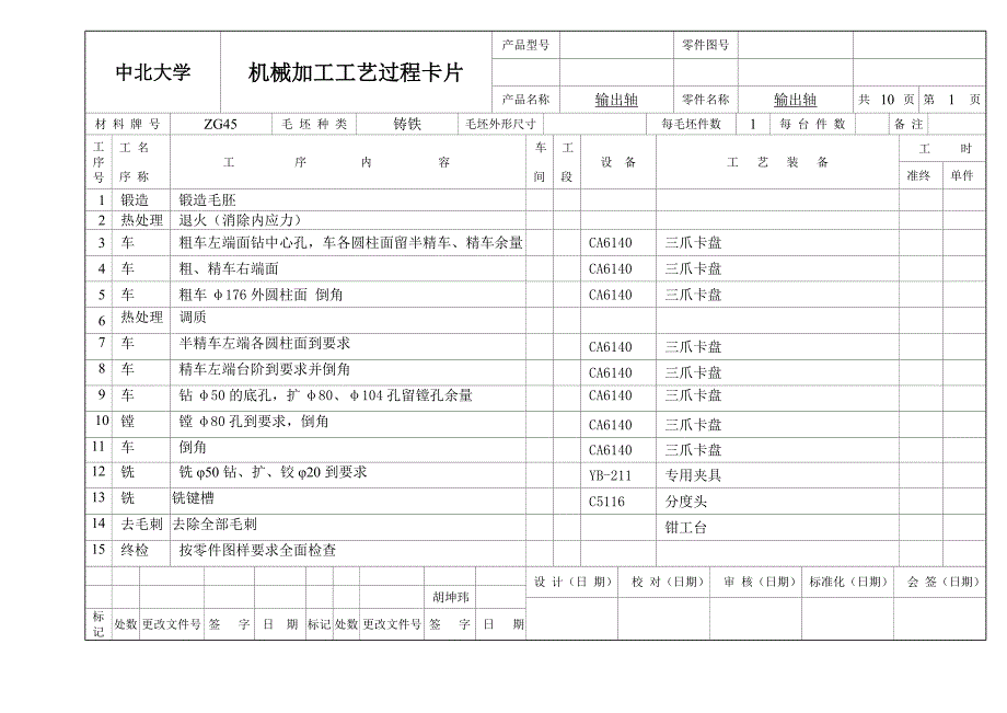 机械加工工艺过程卡片输出轴_第1页