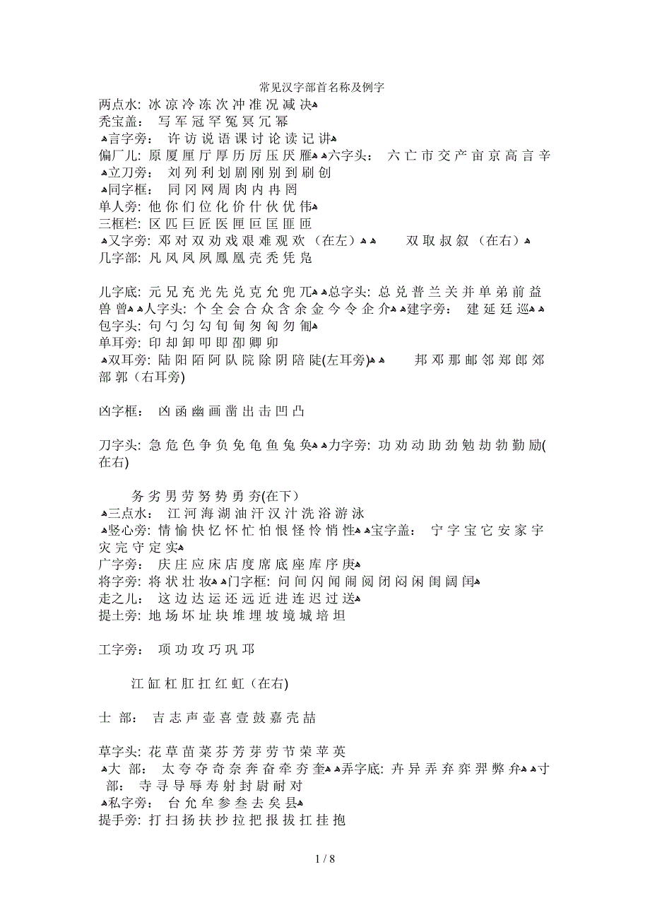 常见汉字部首名称及例字_第1页