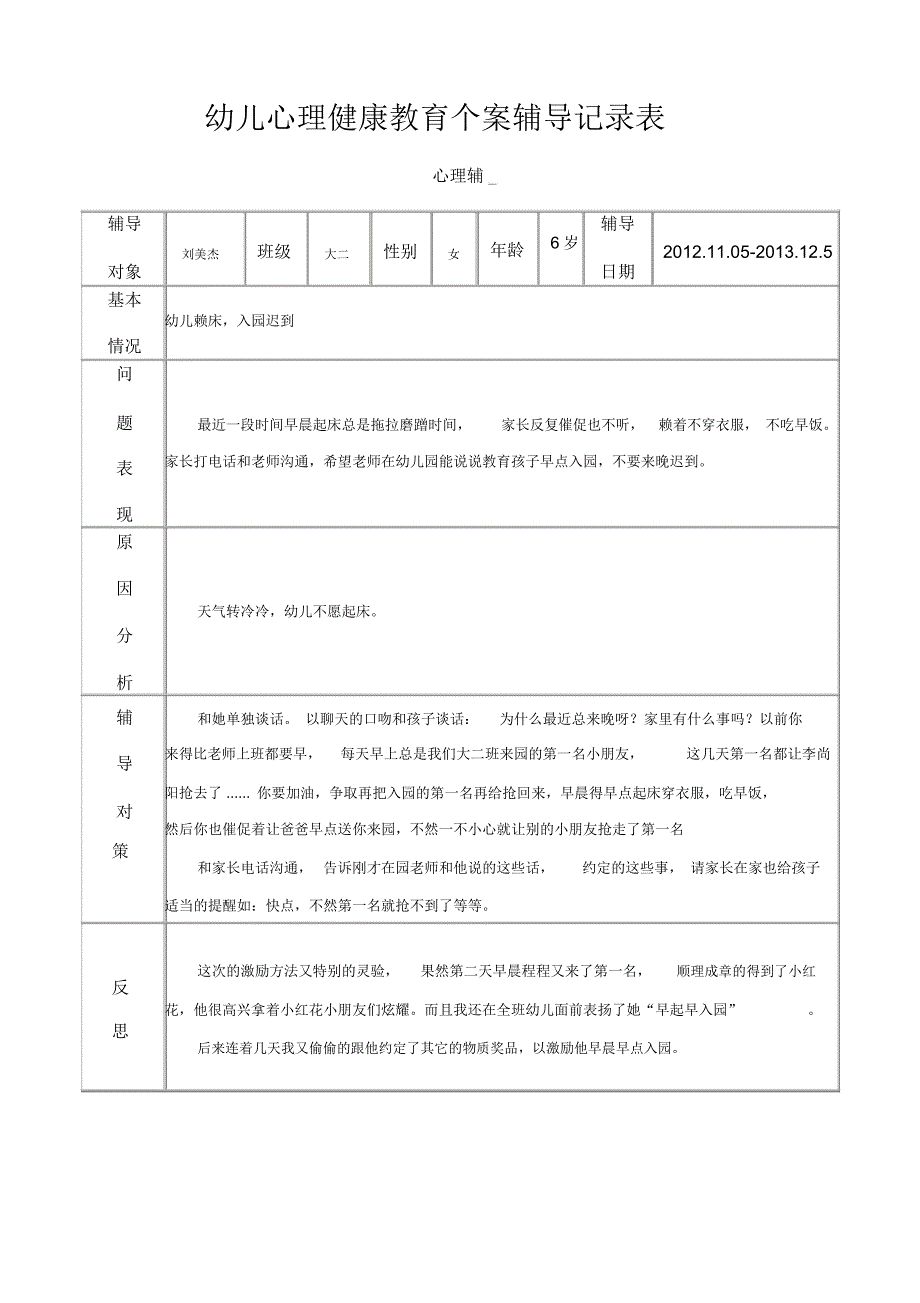 (完整word版)幼儿心理健康教育个案辅导记录表_第1页