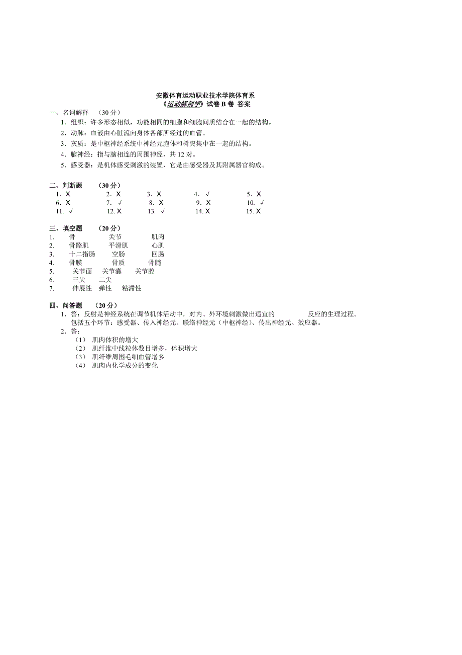 安徽体育运动职业技术学院体育系运动解剖学试卷A卷..._第4页