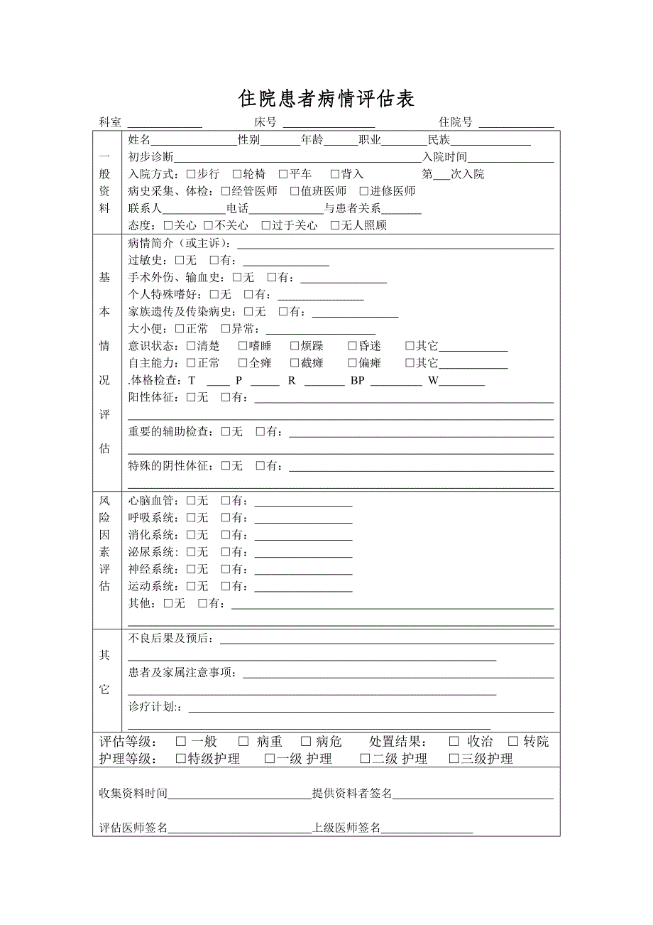 入院病人病情评估表-及再评估表_第1页