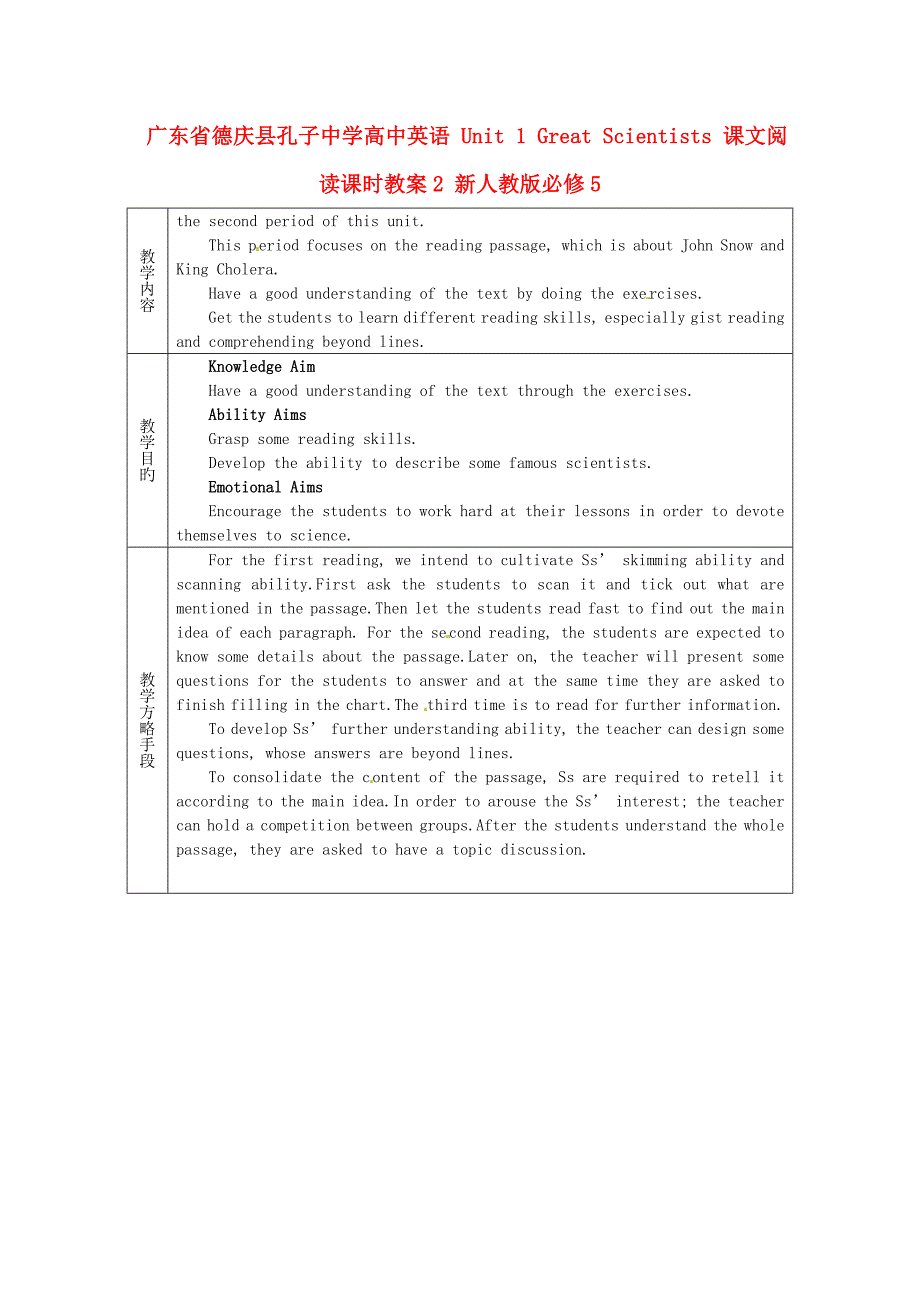 广东省德庆县孔子中学高中英语课文阅读课时教案新人教版必修_第1页