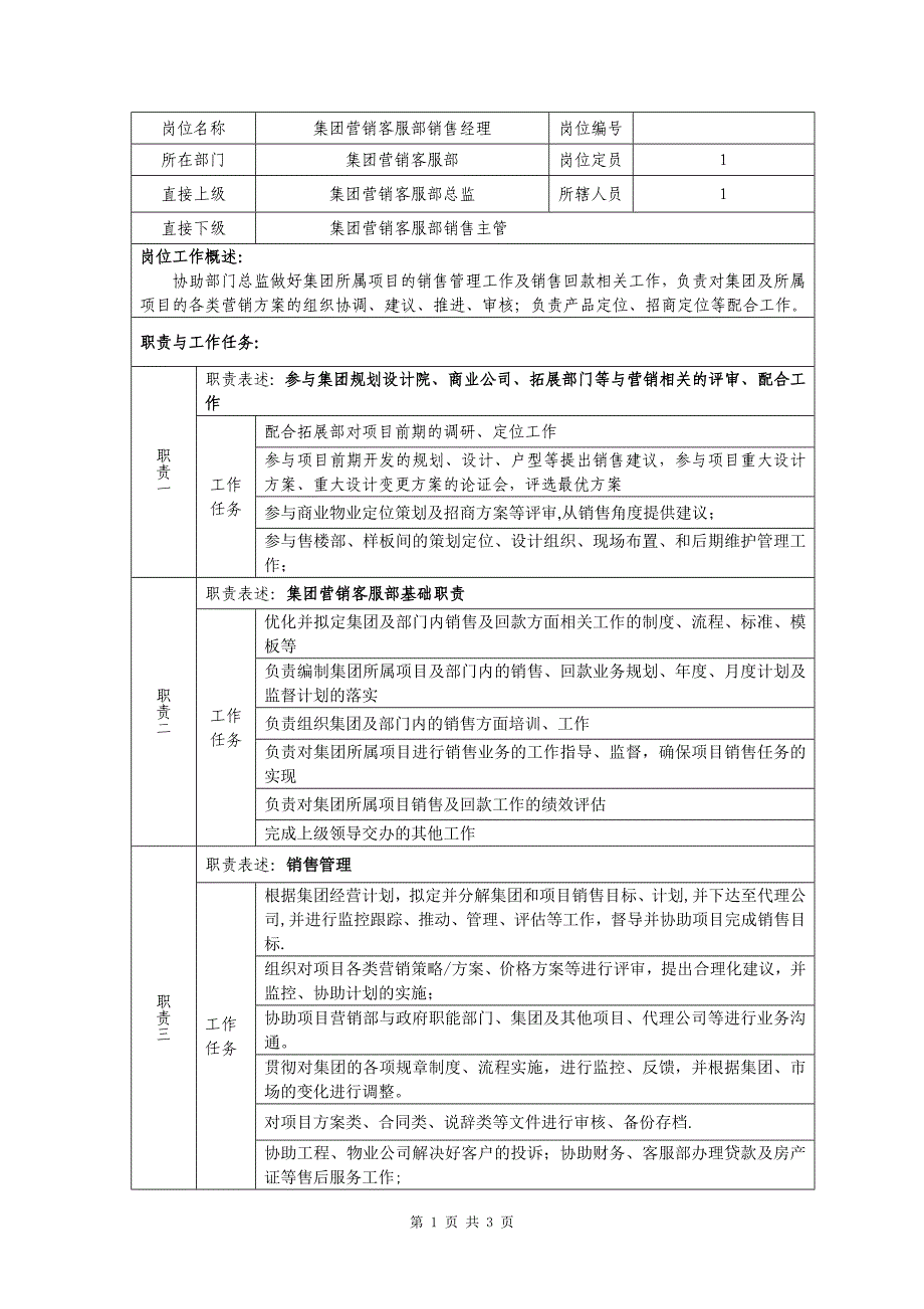 集团营销客服部销售经理职位说明书_第1页