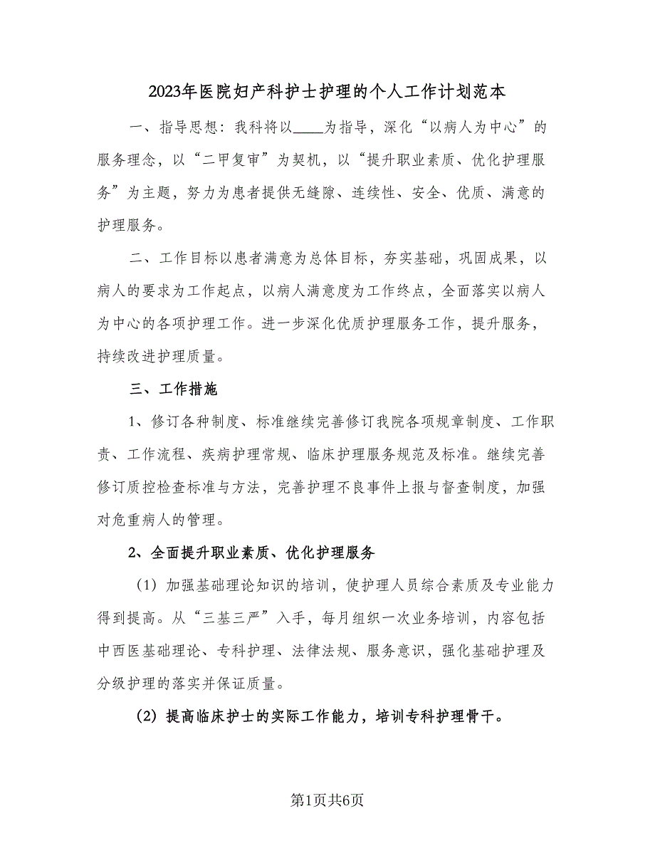 2023年医院妇产科护士护理的个人工作计划范本（二篇）.doc_第1页