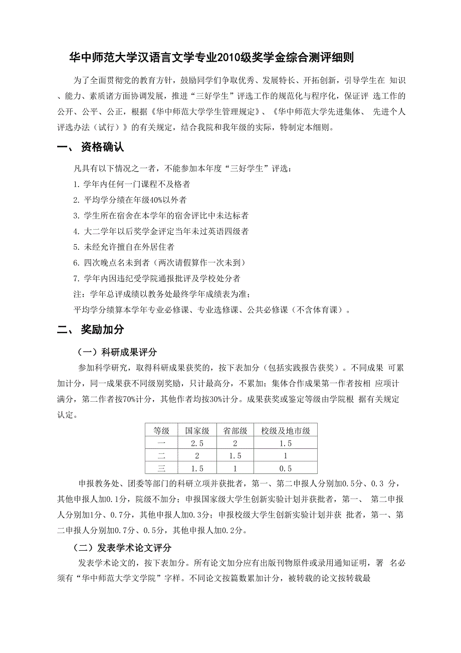 华中师范大学汉语言文学专业2010级奖学金综合测评细则_第1页