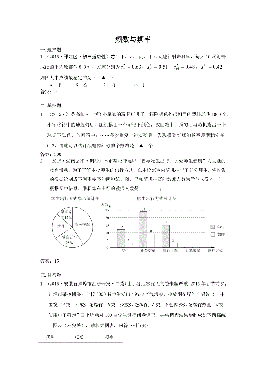 中考数学模拟试卷精选汇编：频数与频率_第1页