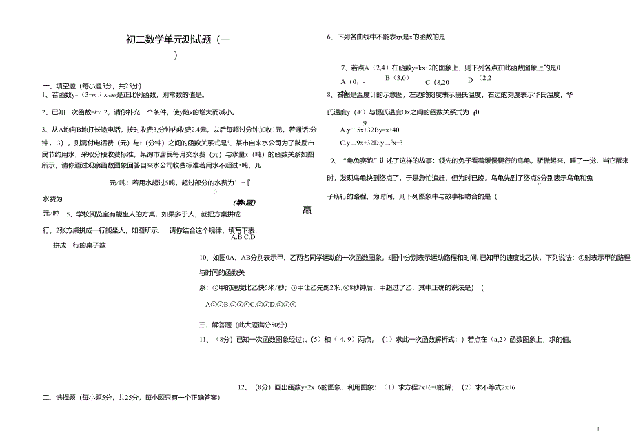 初二数学一次函数单元测试题_第1页