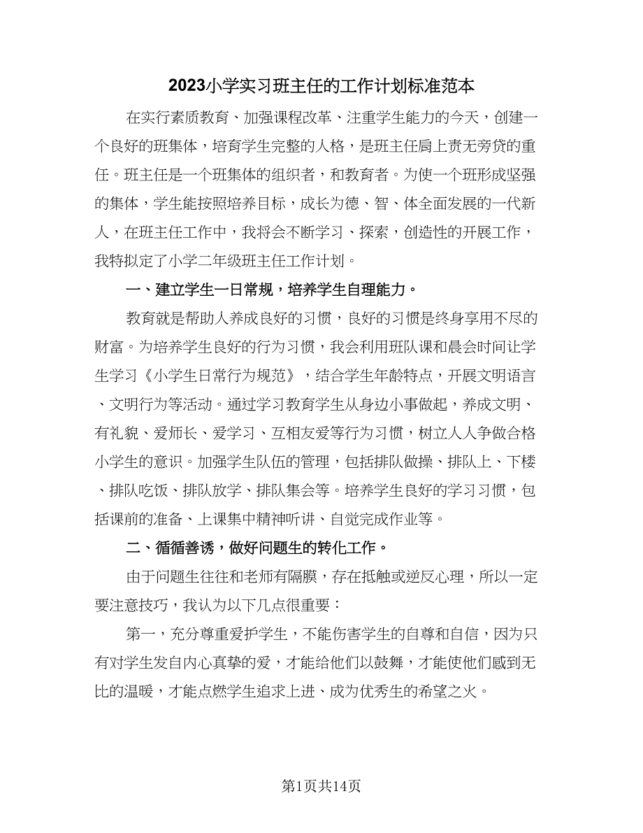 2023小学实习班主任的工作计划标准范本（4篇）_第1页