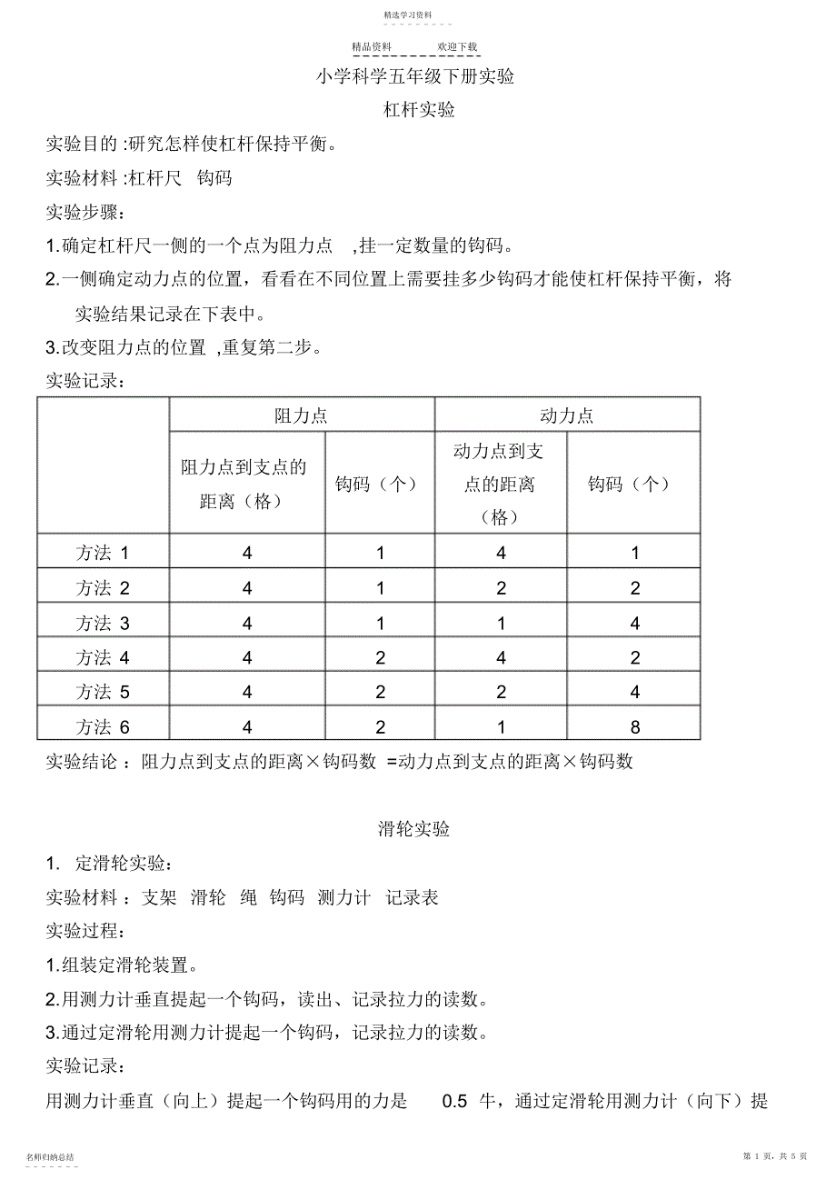 2022年冀教版五年级科学下册实验报告内容_第1页