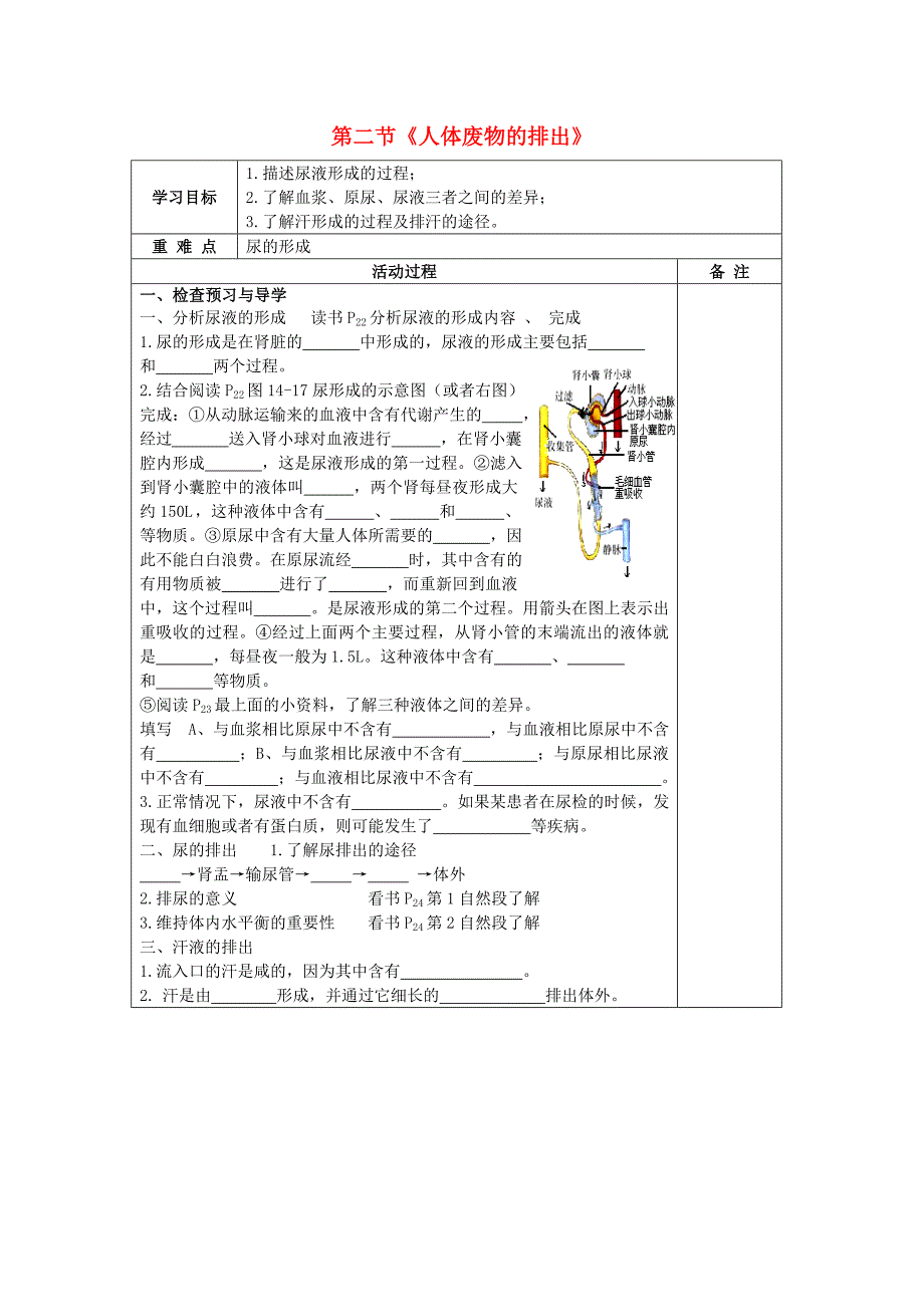 七年级生物下册第二节人体废物的排出学案无答案苏教版_第1页