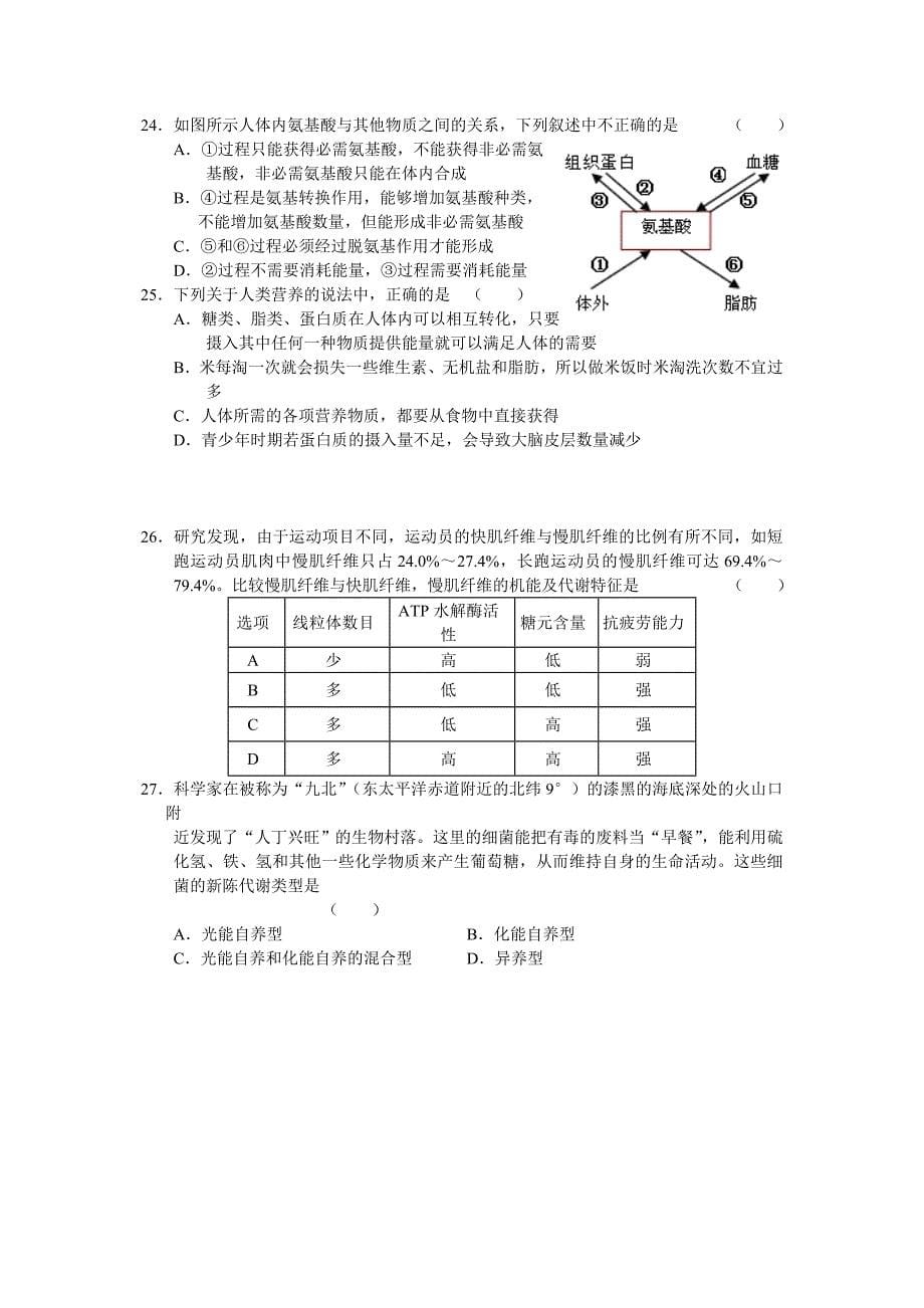 高三上学期生物单元测试生物的新陈代谢_第5页