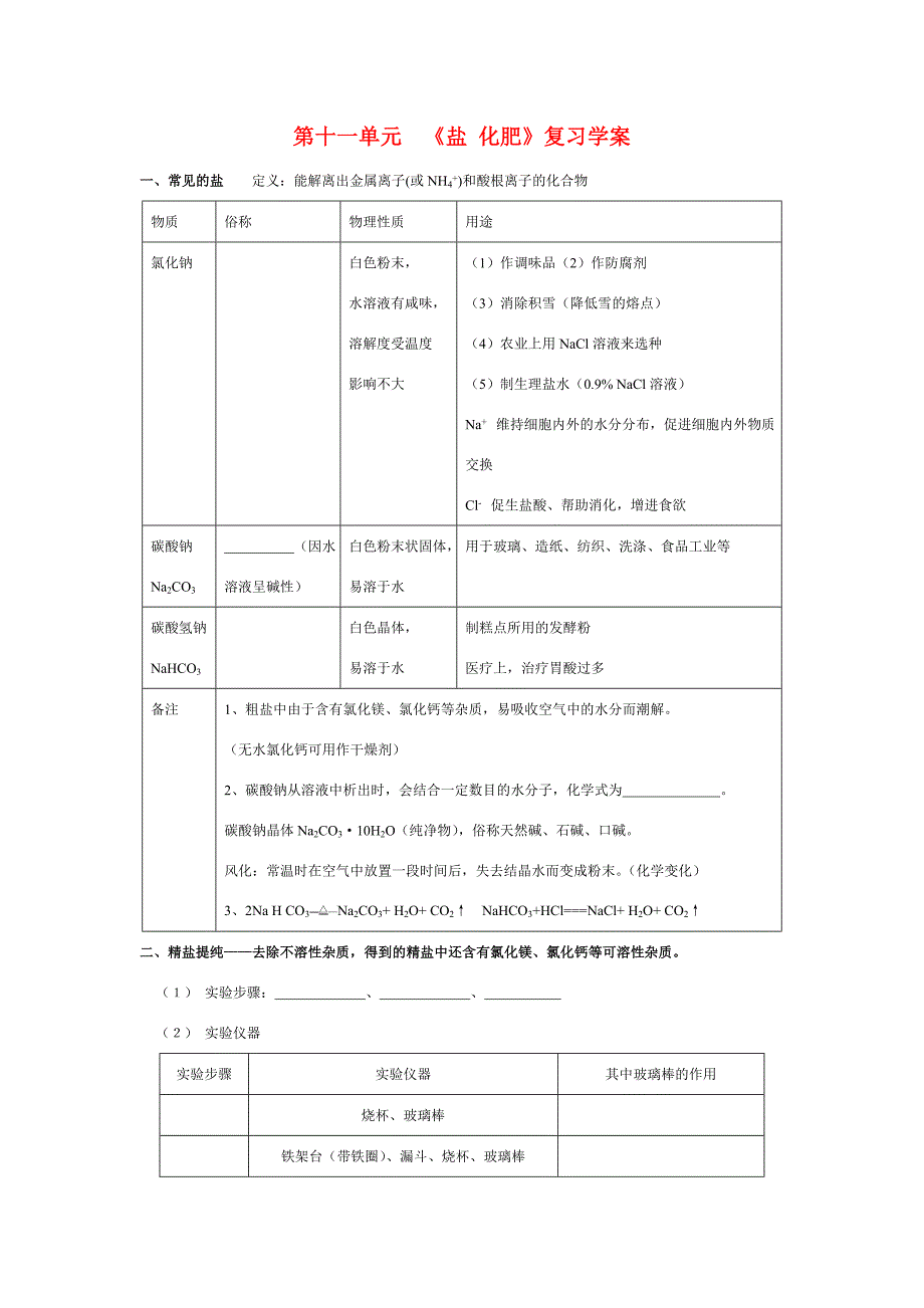 九年级化学第十一单元 盐 化肥 复习学案 人教版_第1页