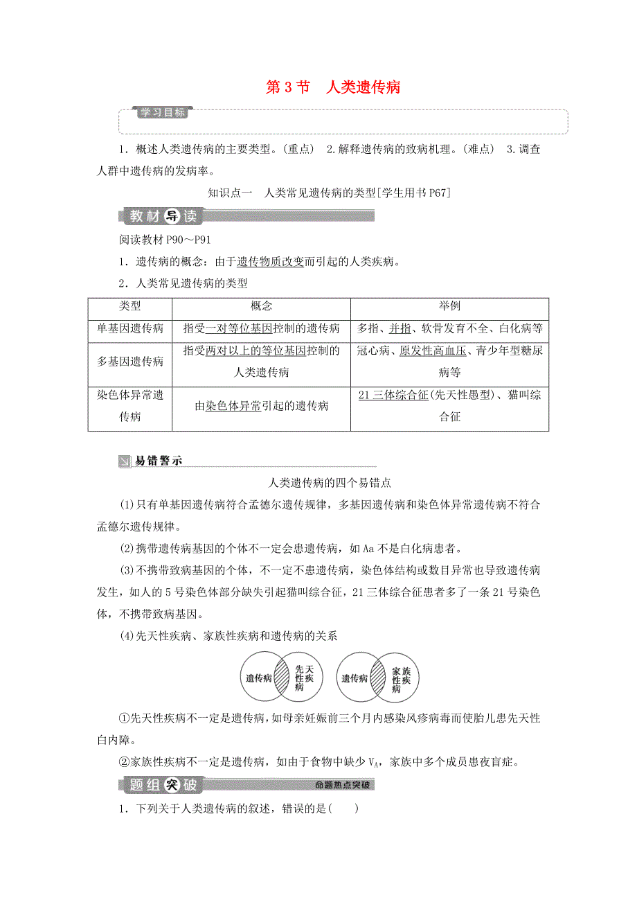 20192020学年高中生物第5章基因突变及其他变异第3节人类遗传病学案新人教版必修22_第1页