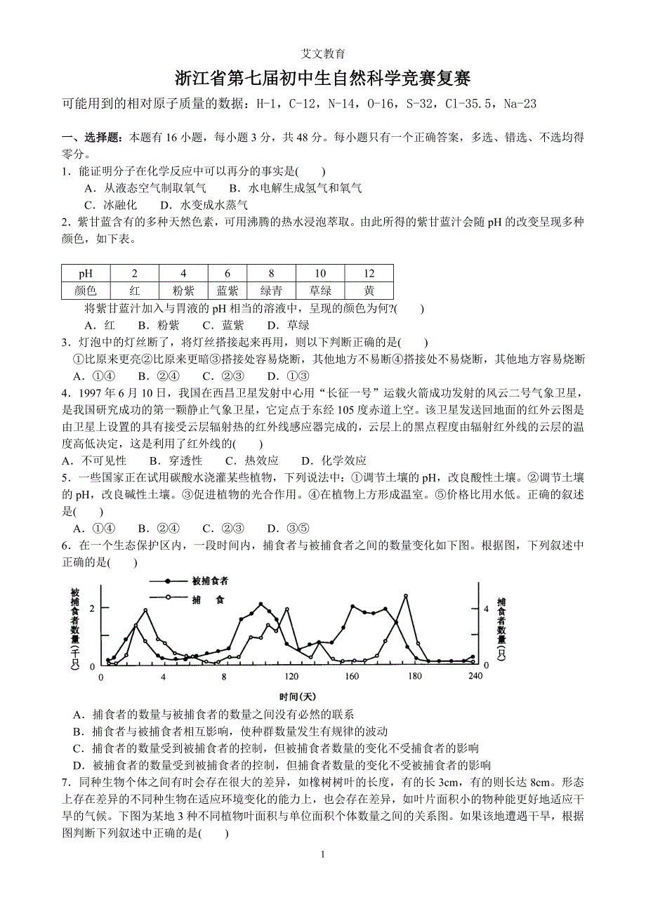 第七届初中生自然科学竞赛复赛试卷及答案.doc_第1页