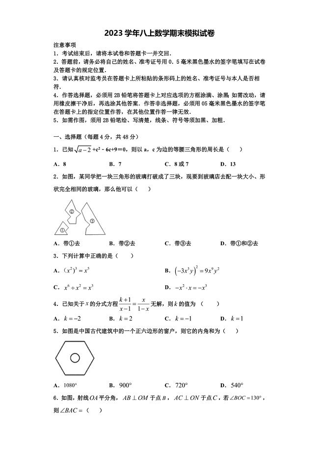 2023学年四川省泸州市名校数学八上期末调研模拟试题含解析.doc