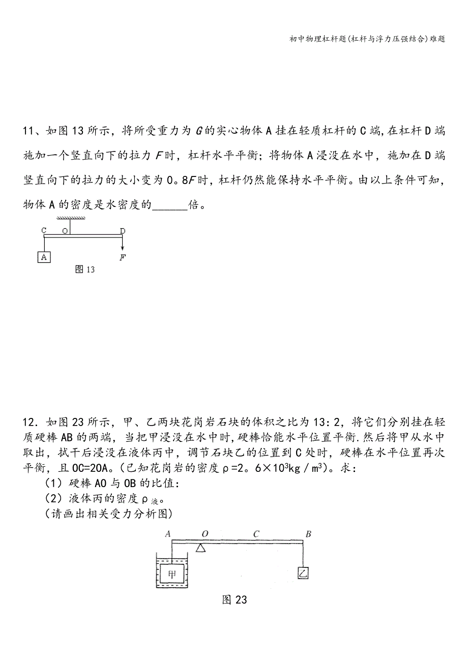 初中物理杠杆题(杠杆与浮力压强结合)难题_第4页