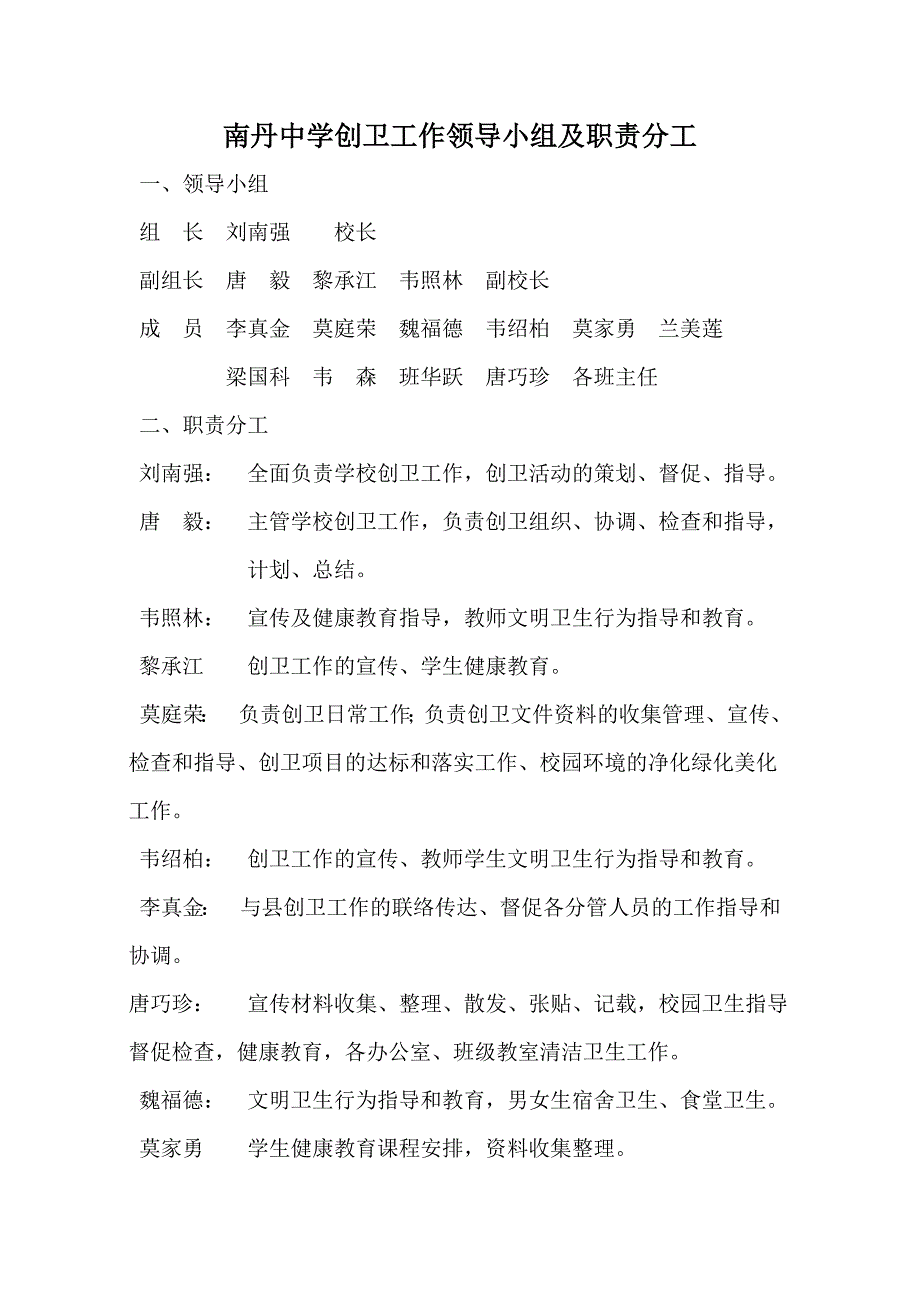 南丹中学创卫工作领导小组及职责分工_第1页