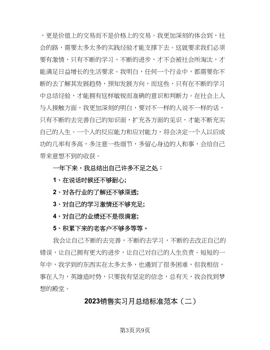 2023销售实习月总结标准范本（4篇）.doc_第3页