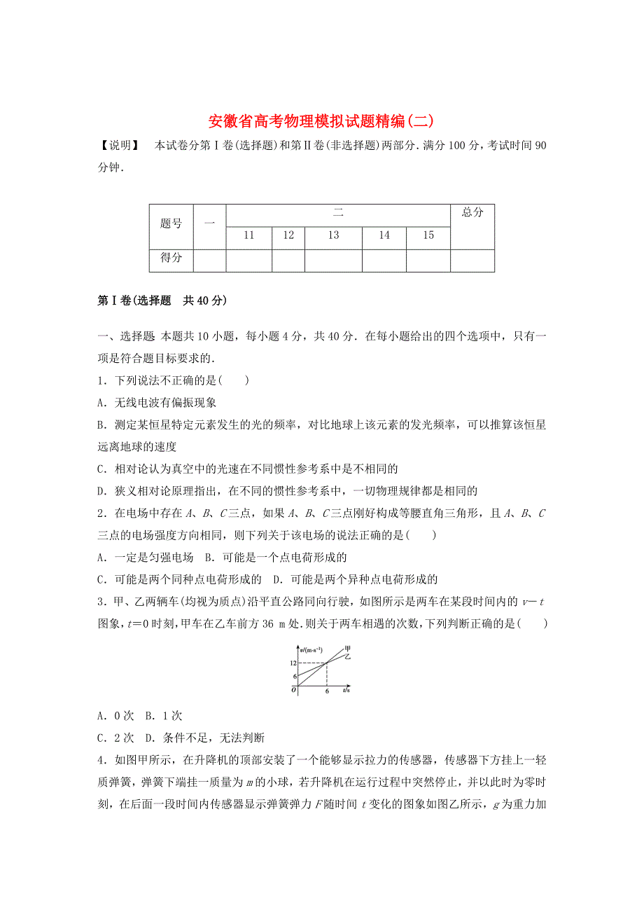 （安徽专用）2014版高考物理模拟试题精编2（无答案）_第1页