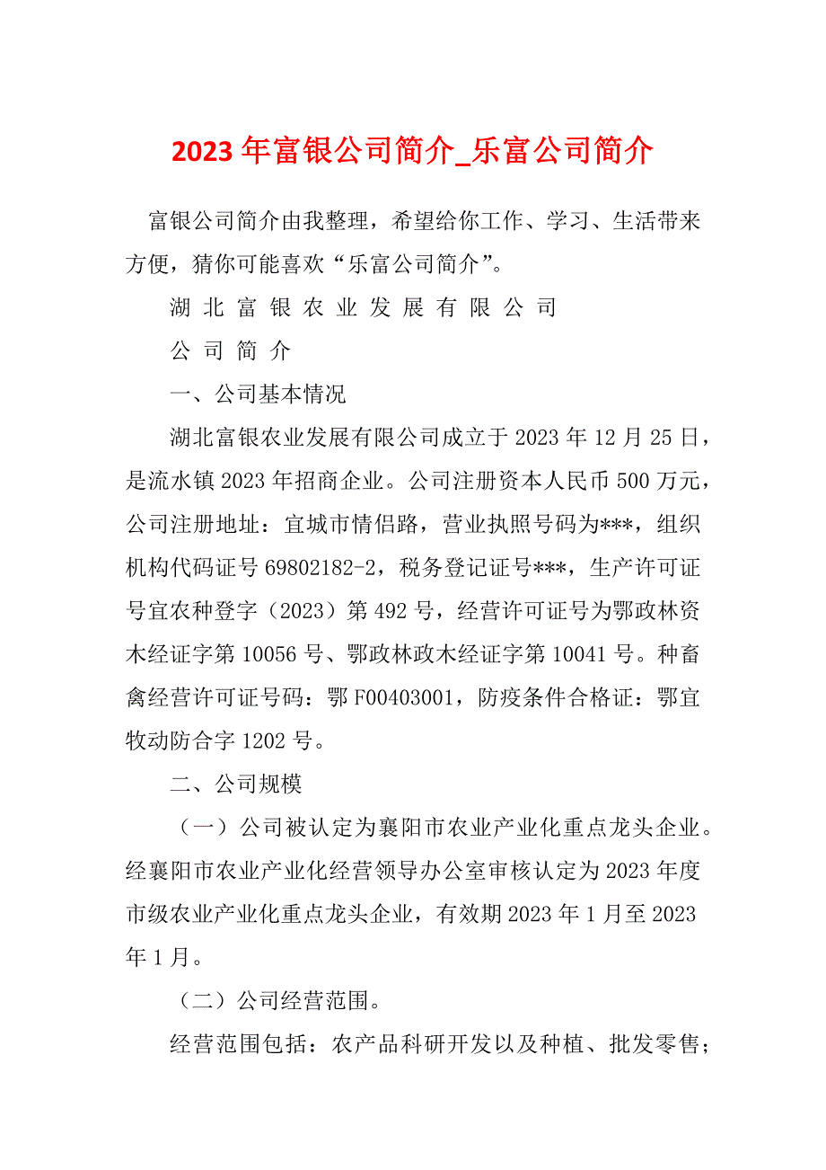 2023年富银公司简介_乐富公司简介_第1页