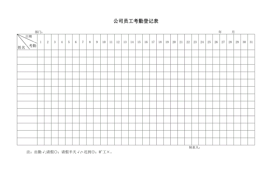 公司员工考勤登记表、外出登记表、请假单.doc_第1页