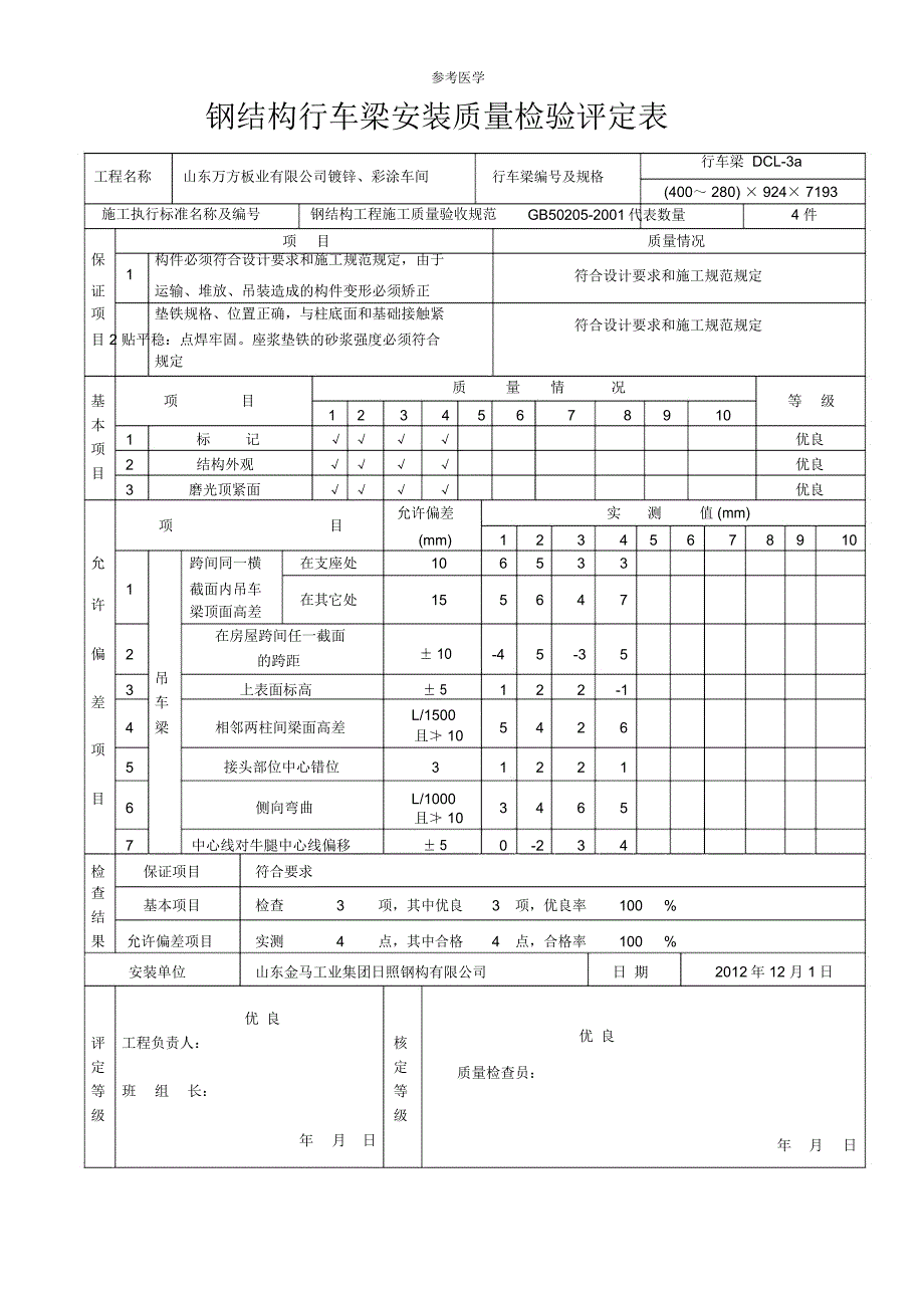 钢结构吊车梁安装分项工程质量检验评定表_第4页