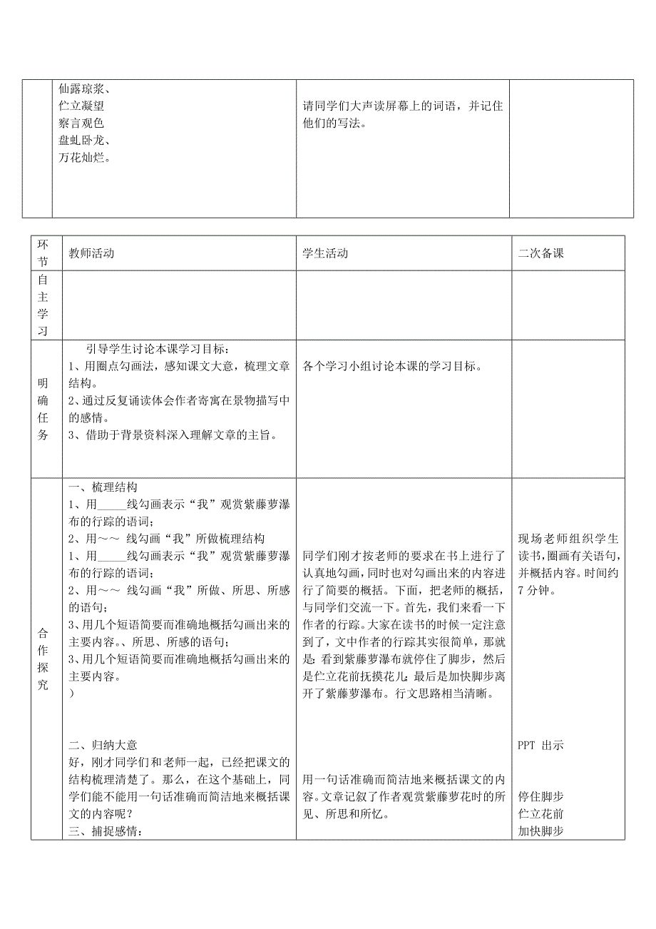 七年级语文上册第四单元紫藤萝瀑布学案_第2页