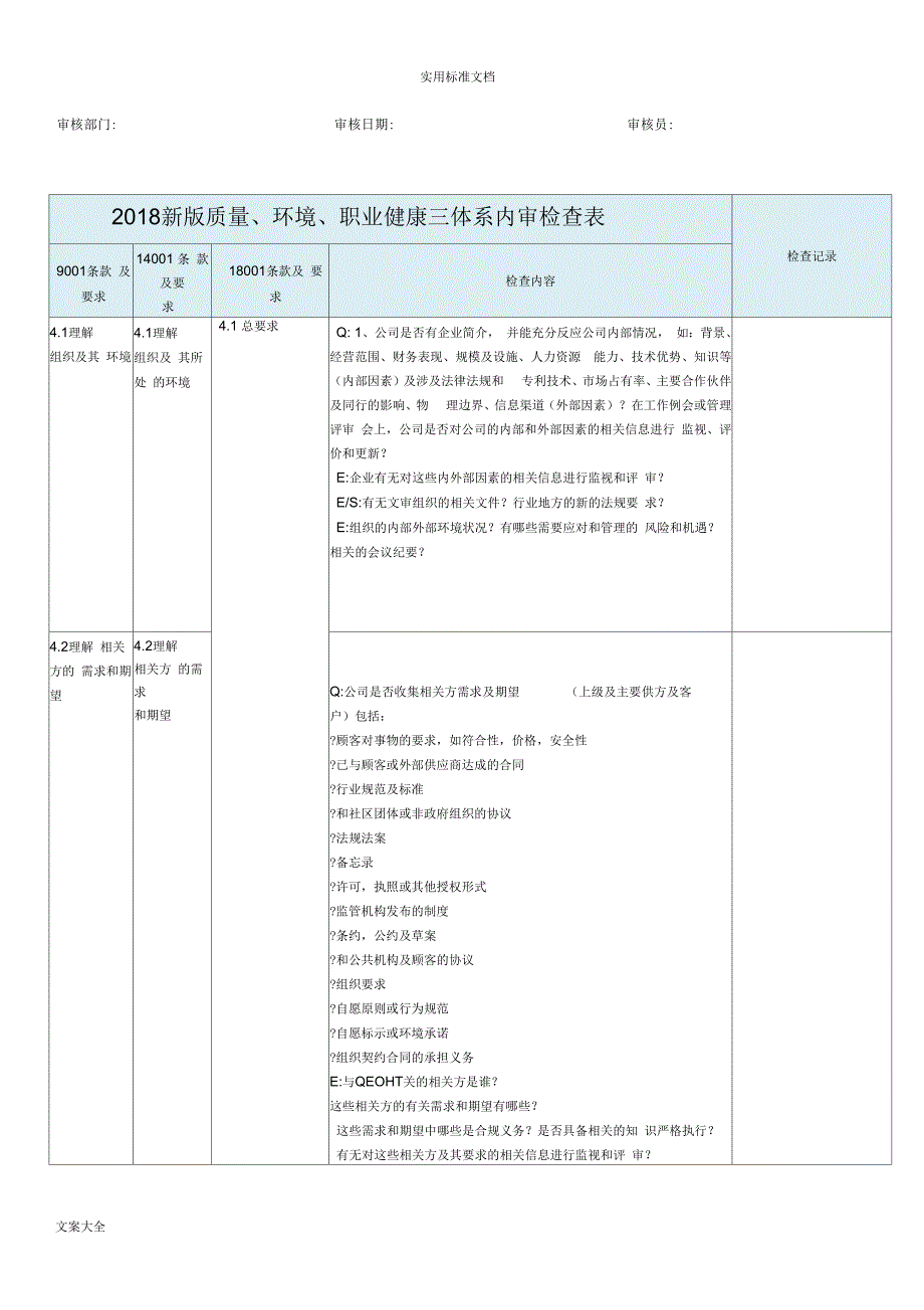 2018新版三体系内审检查表_第1页