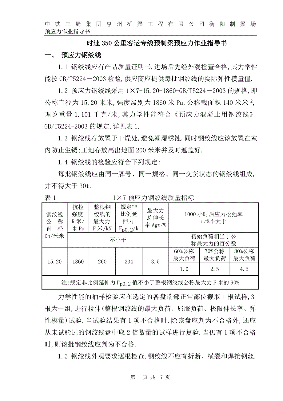 时速350公里客运专线预制梁预应力作业指导书范本_第1页