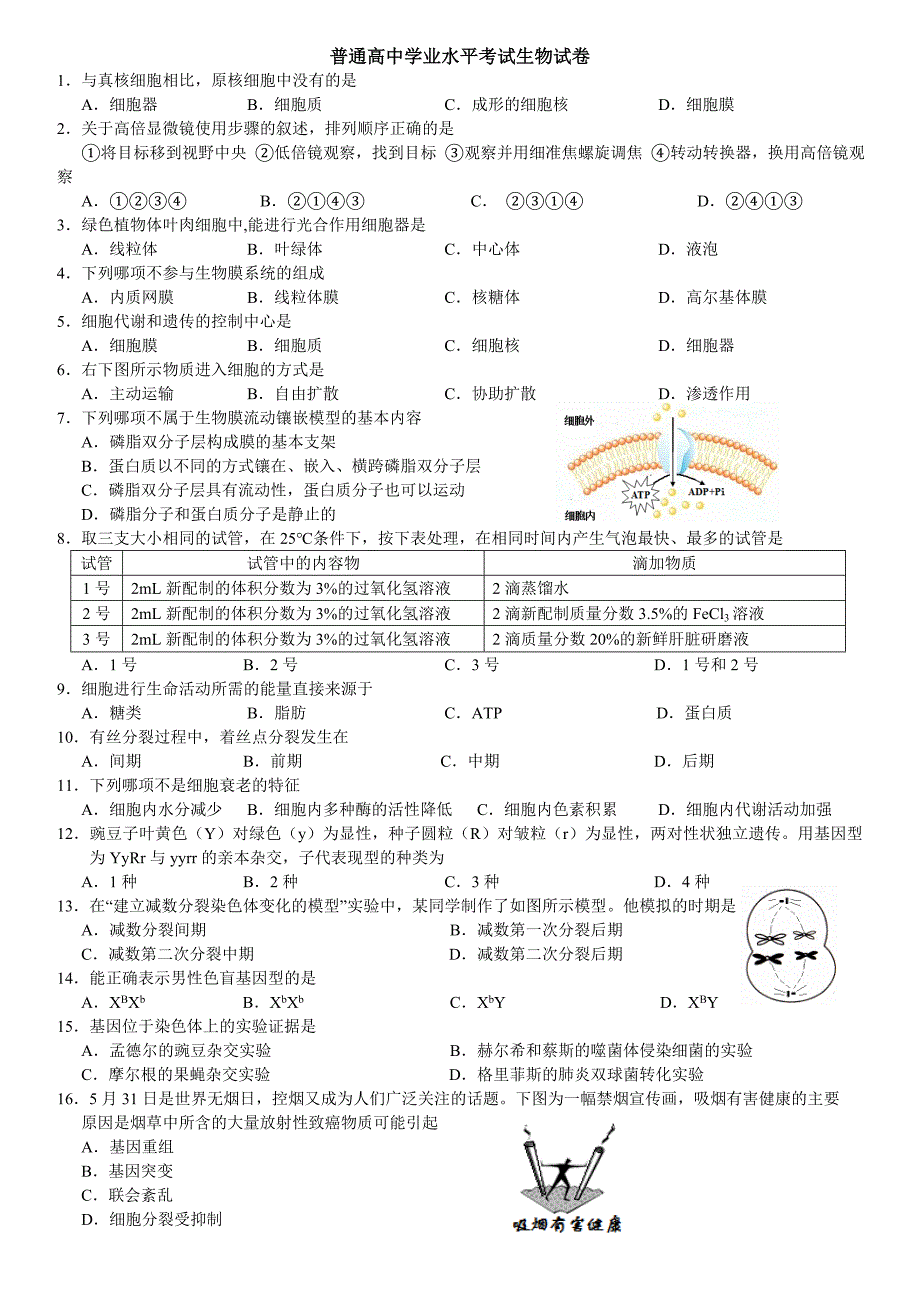 2009-2019年湖南省普通高中生物学业水平考试真题汇编(整理版含答案)_第1页