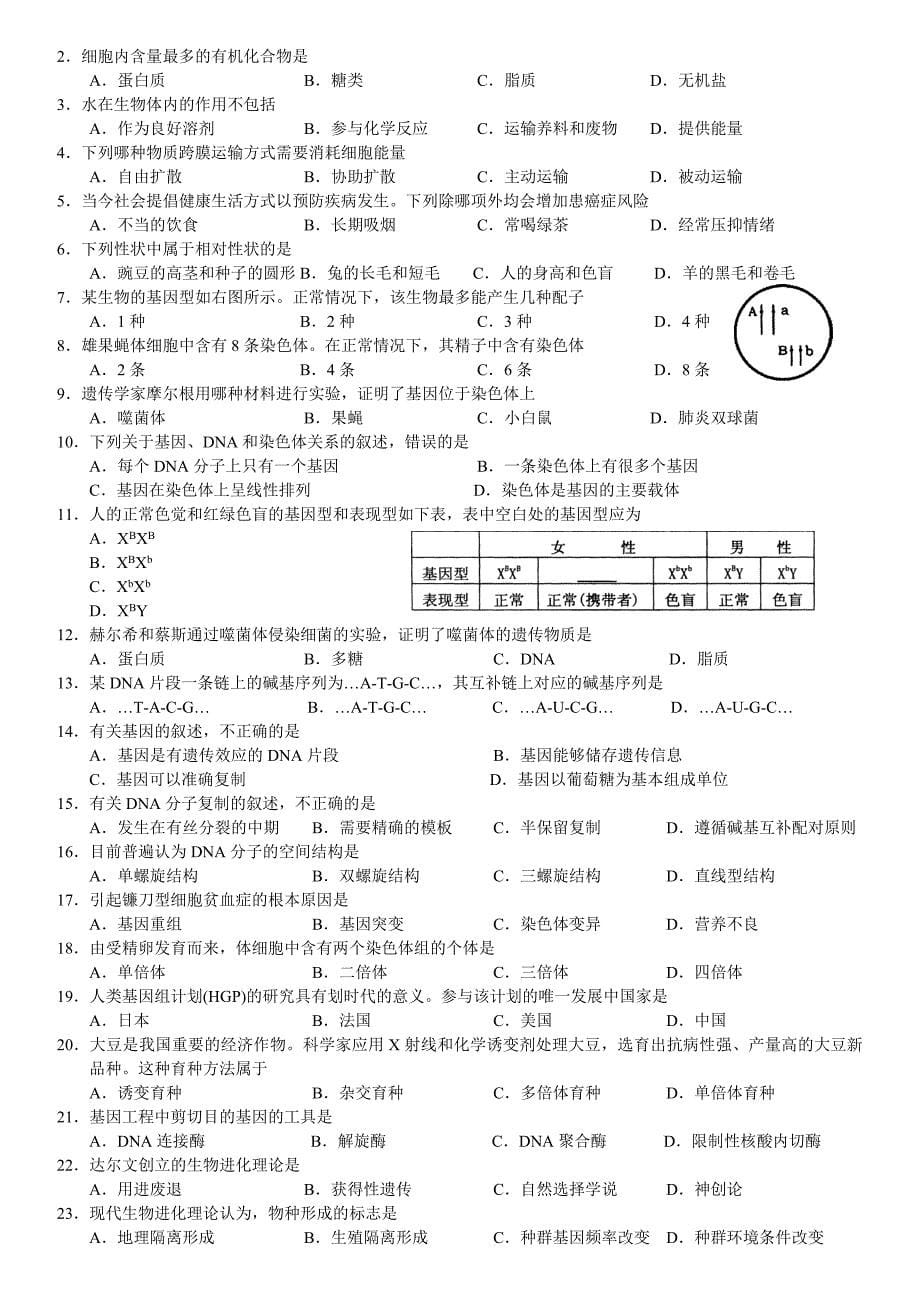 2009-2019年湖南省普通高中生物学业水平考试真题汇编(整理版含答案)_第5页