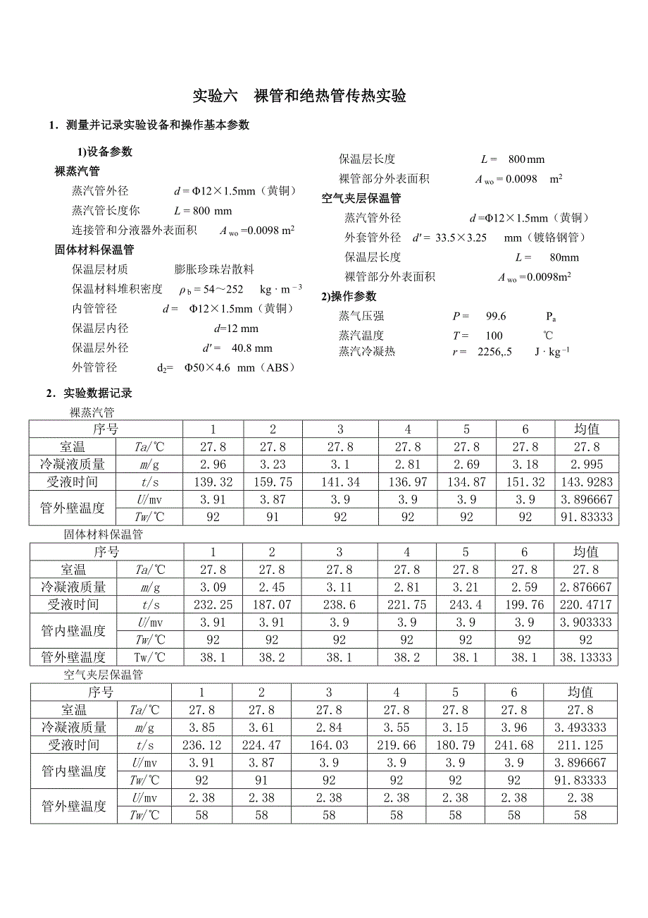 化工原理 裸管和绝热管传热实验数据处理.doc_第1页