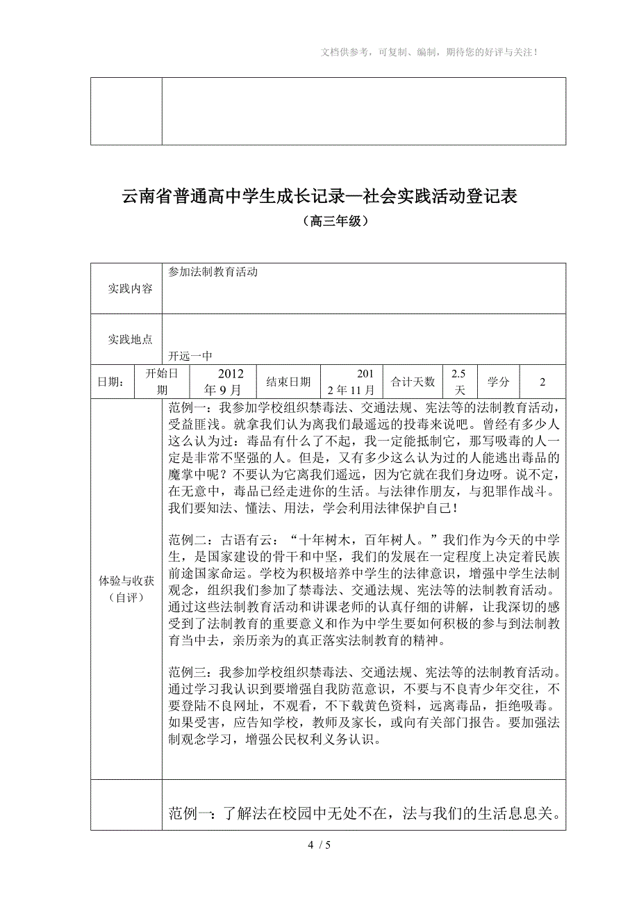 云南省普通高中学生成长记录-社会实践活动登记表_第4页