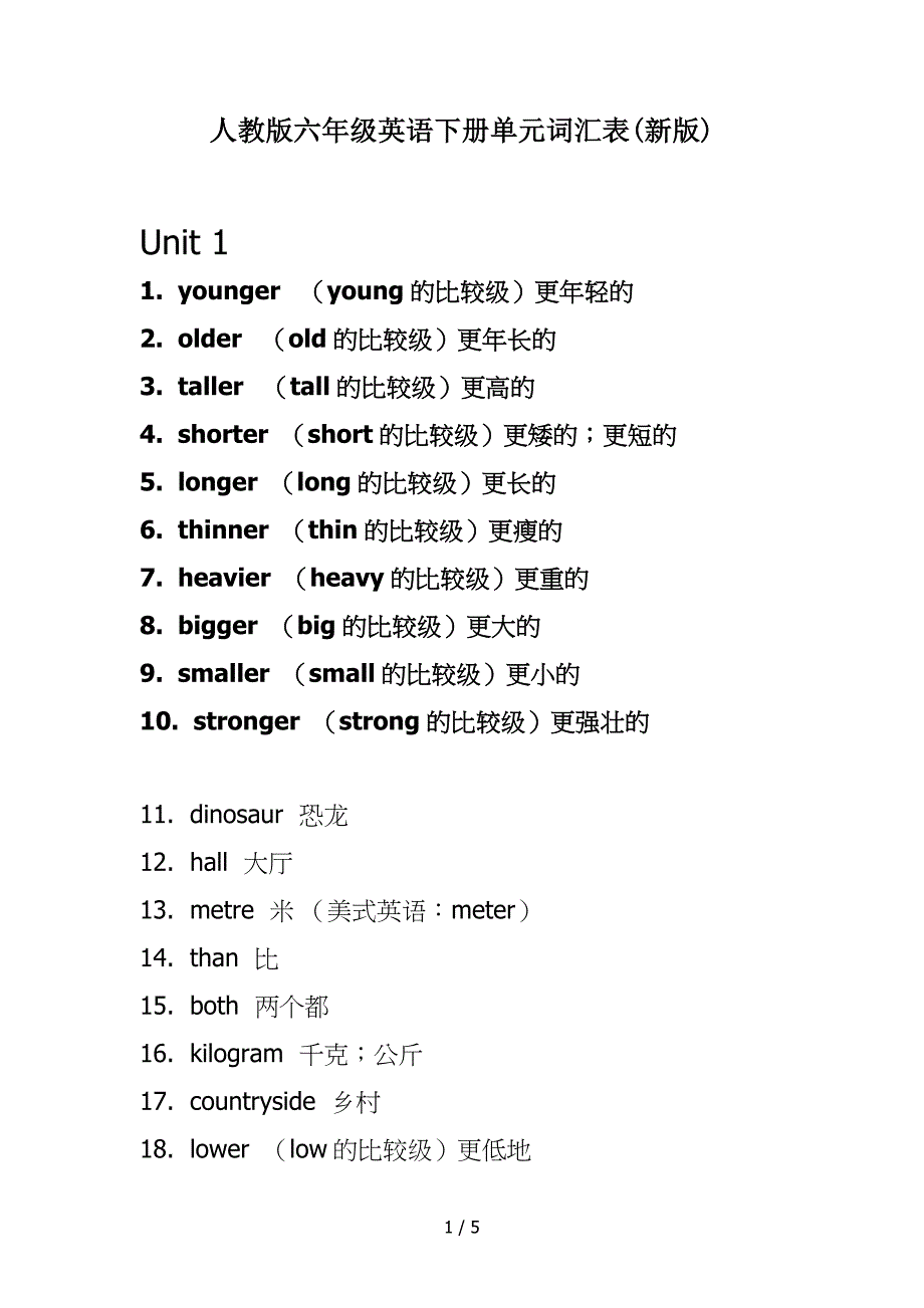 人教版六年级英语下册单元词汇表(新版).doc_第1页