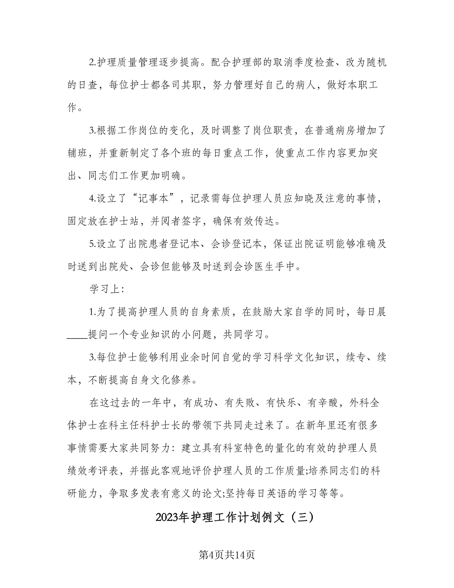 2023年护理工作计划例文（5篇）_第4页