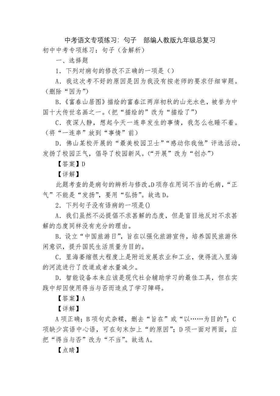 中考语文专项练习：句子部编人教版九年级总复习_第1页