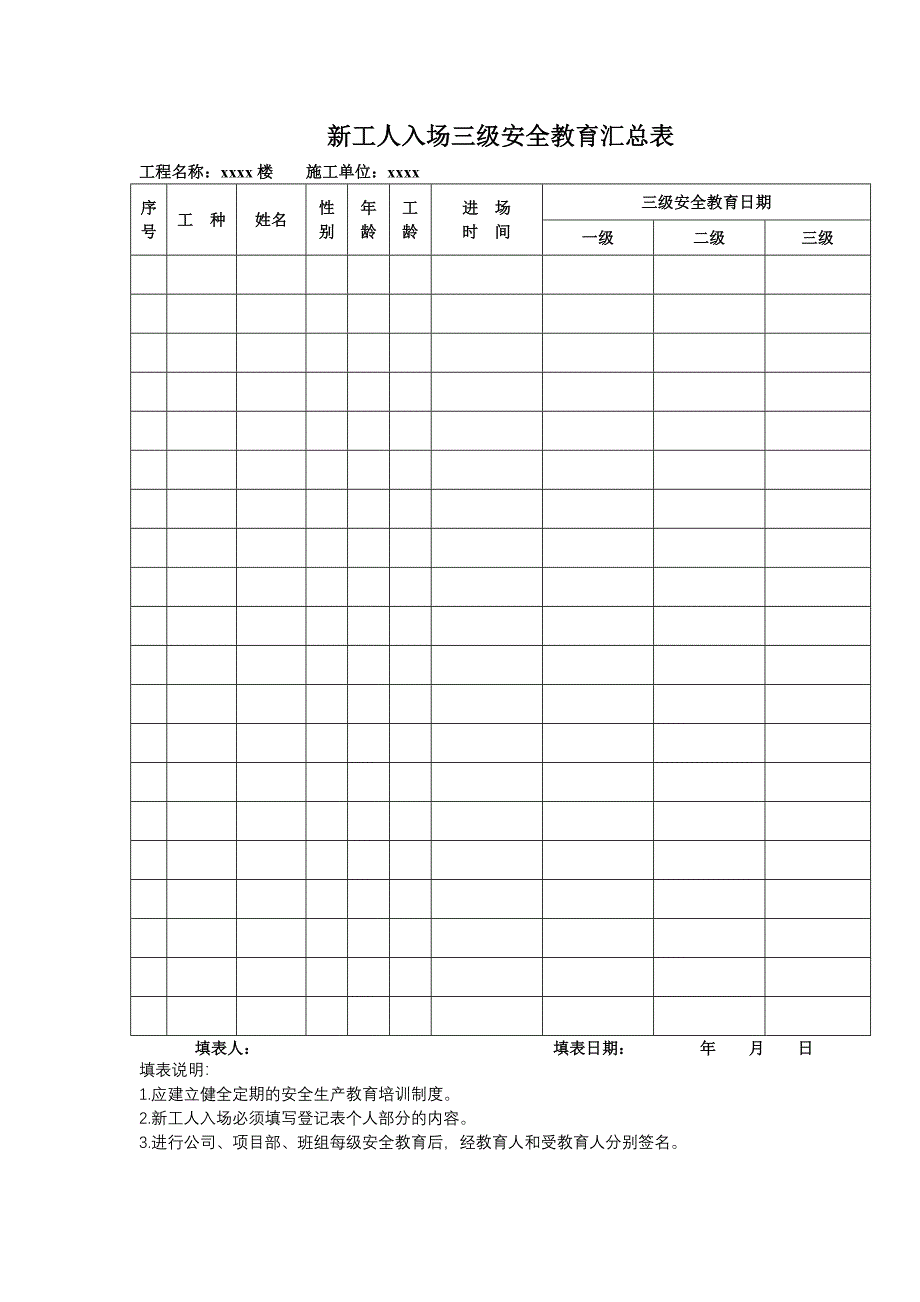 三级安全教育记录及表格(全)_第1页