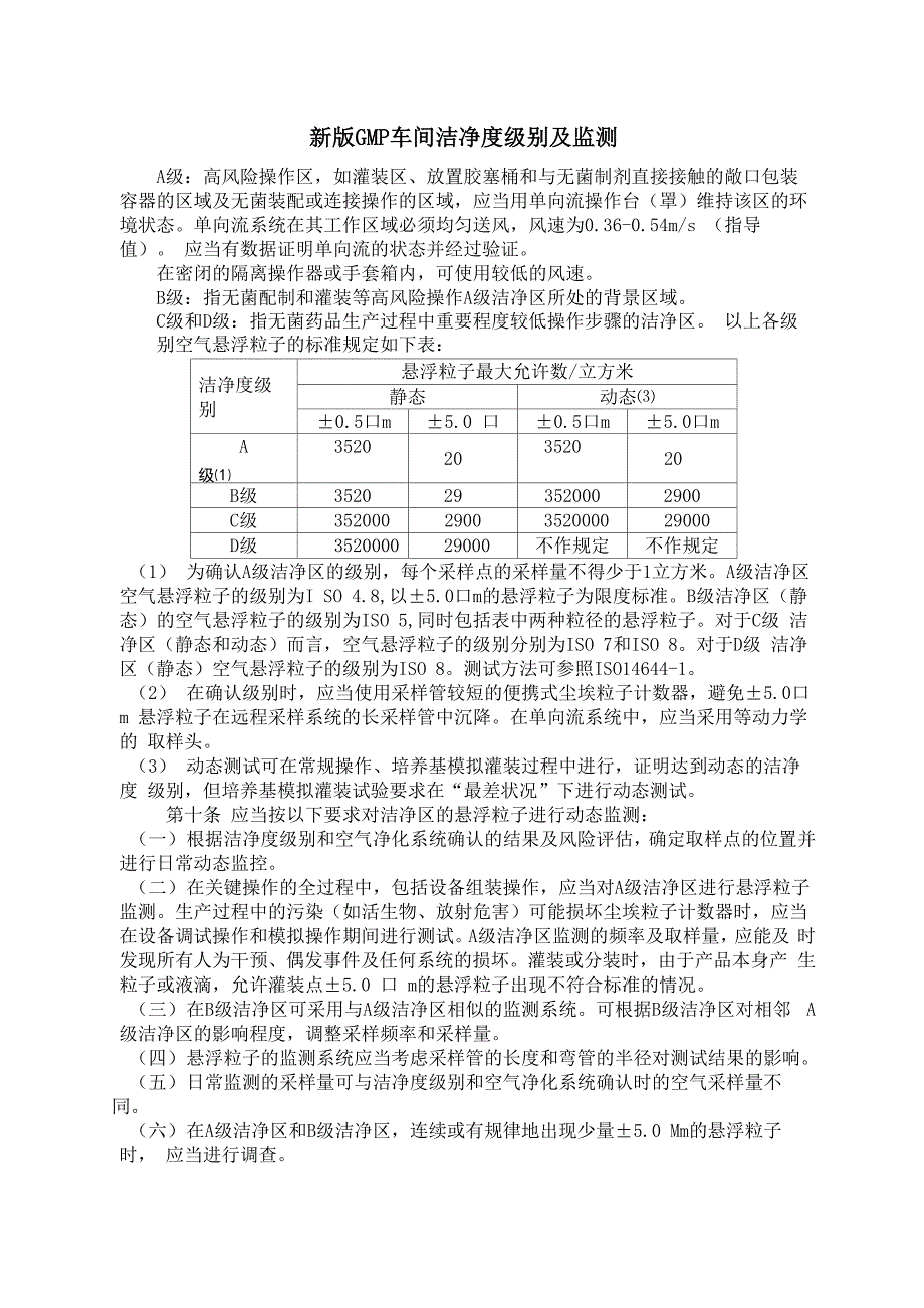 新版GMP车间洁净度级别及监测_第1页