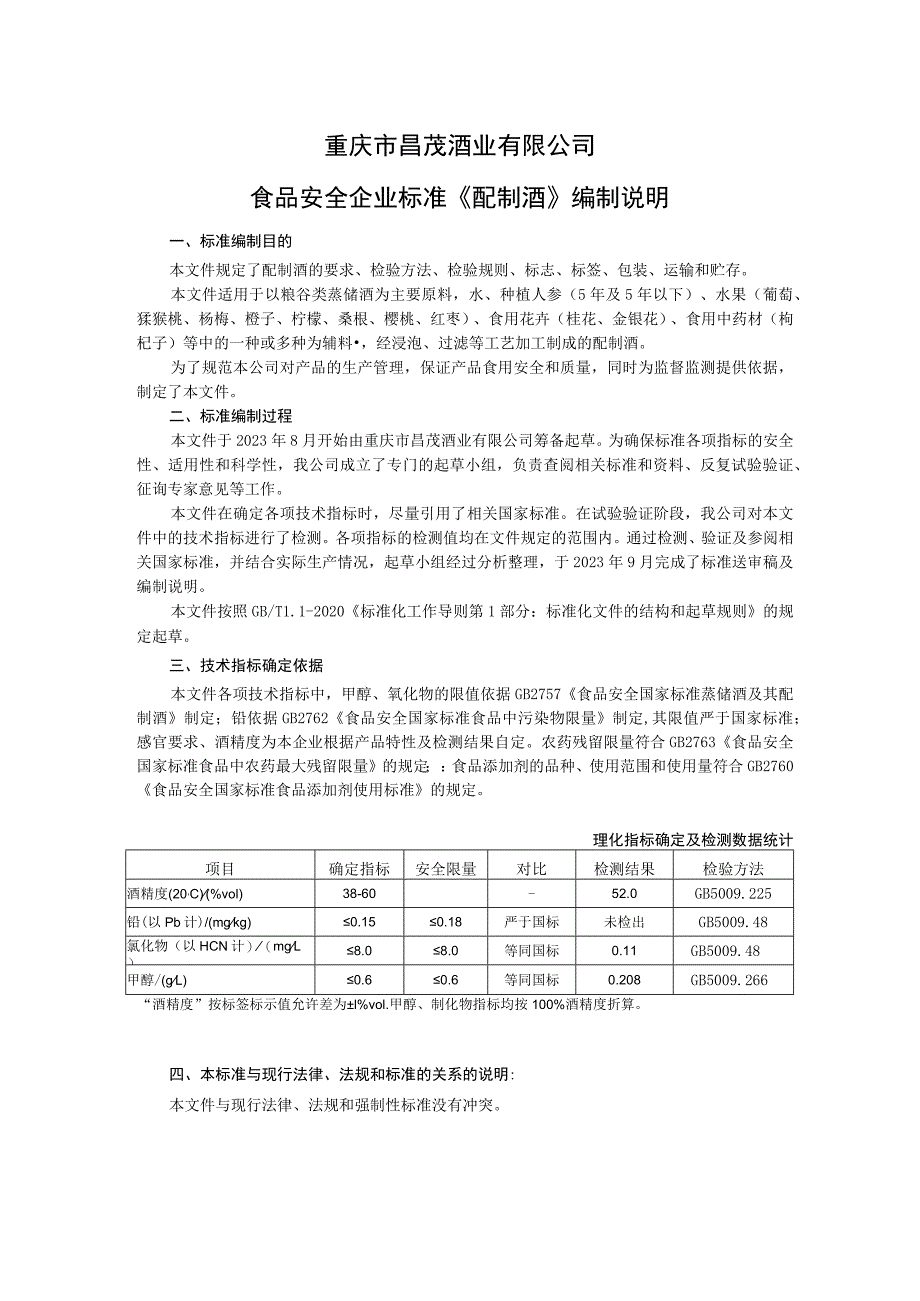 重庆市昌茂酒业有限公司食品安全企业标准《配制酒》编制说明_第1页