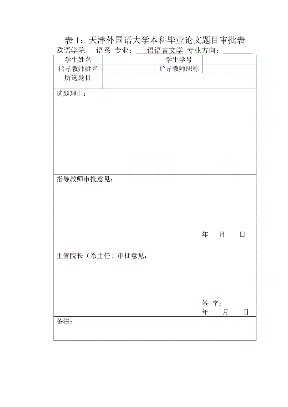 表1：天津外国语大学本科毕业论文题目审批表_第1页