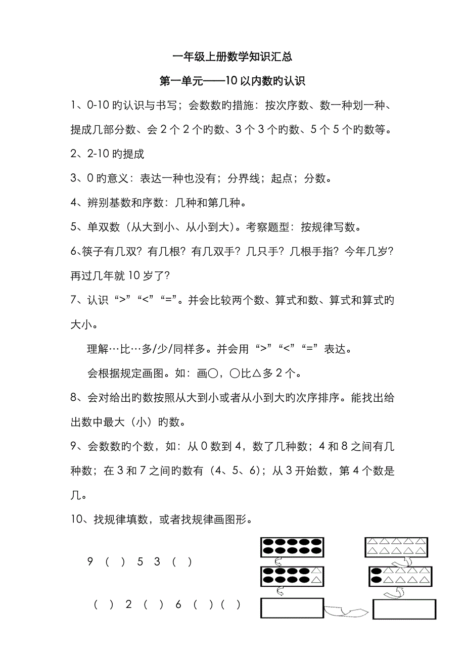 青岛版一年级上册数学知识汇总_第1页
