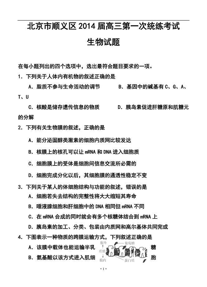 北京市顺义区高三第一次统练考试生物试题及答案