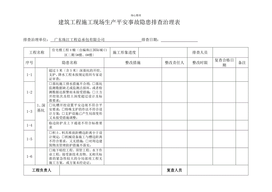 建筑工程施工现场生产安全事故隐患排查治理台账_第1页