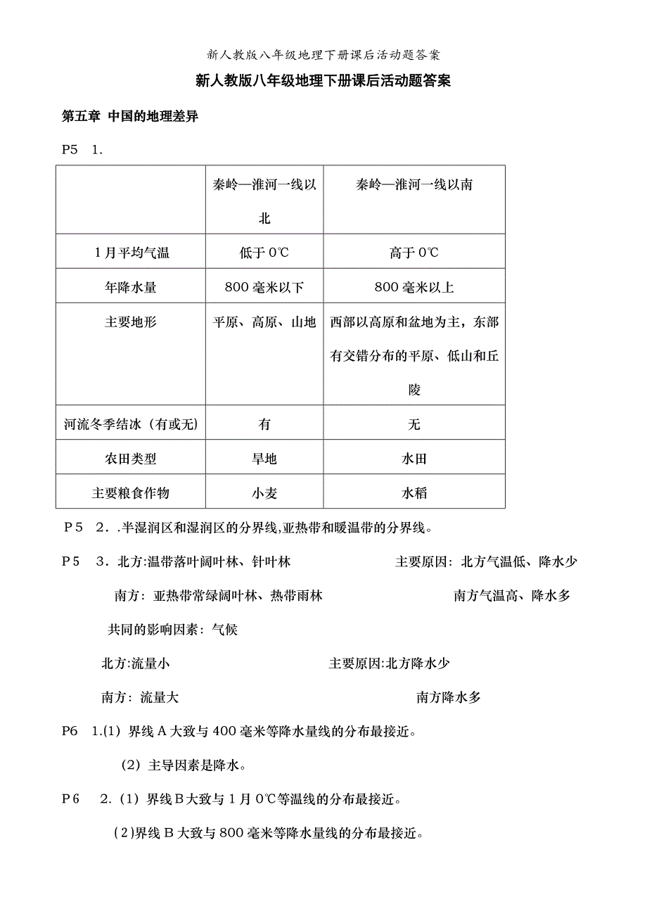 新人教版八年级地理下册课后活动题答案_第1页