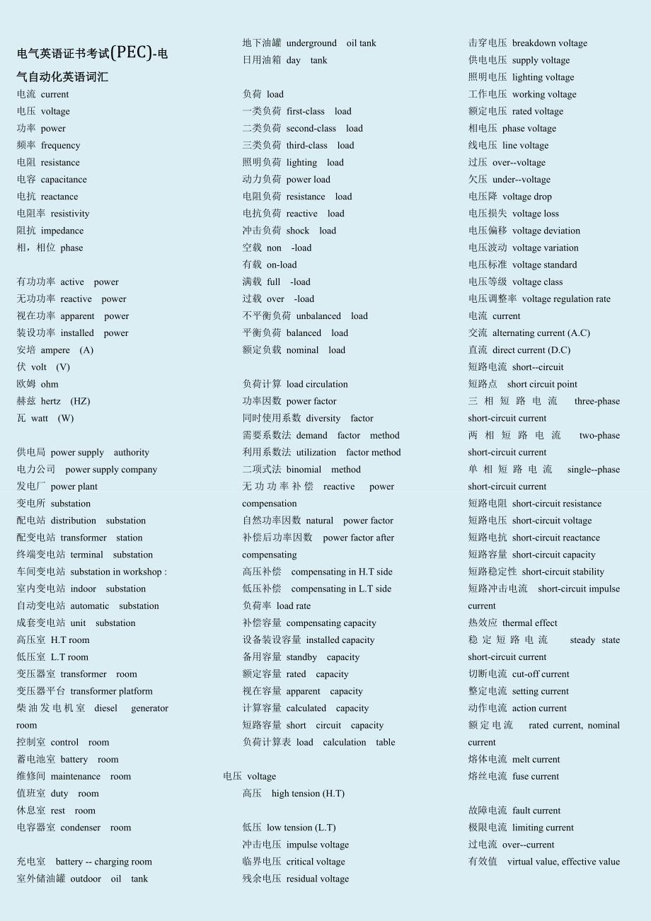 电气英语证书考试(PEC)-电气自动化英语词.doc_第1页