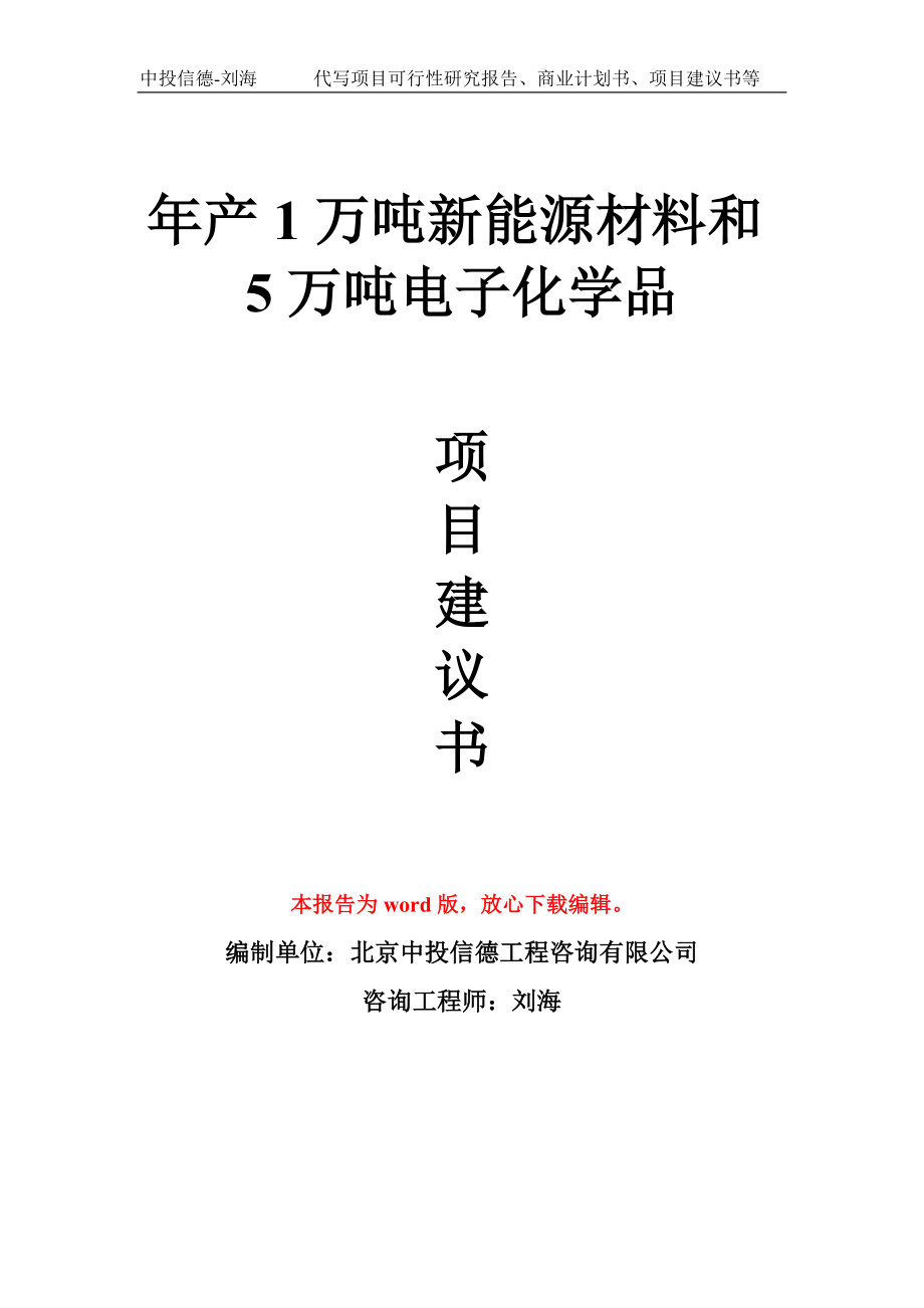 年产1万吨新能源材料和5万吨电子化学品项目建议书写作模板_第1页