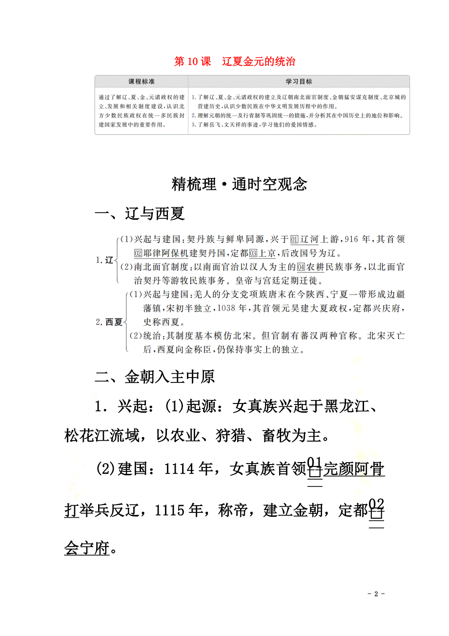 2021-2021学年新教材高中历史第三单元辽宋夏金多民族政权的并立与元朝的统一第10课辽夏金元的统治学案新人教版必修《中外历史纲要（上）》1_第2页