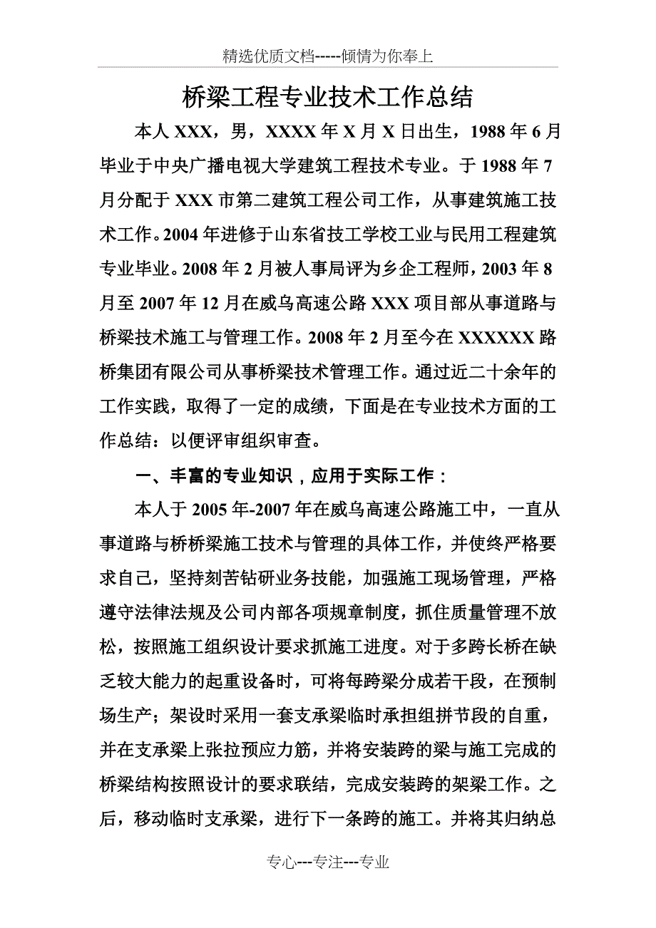 桥梁工程专业技术工作总结_第1页